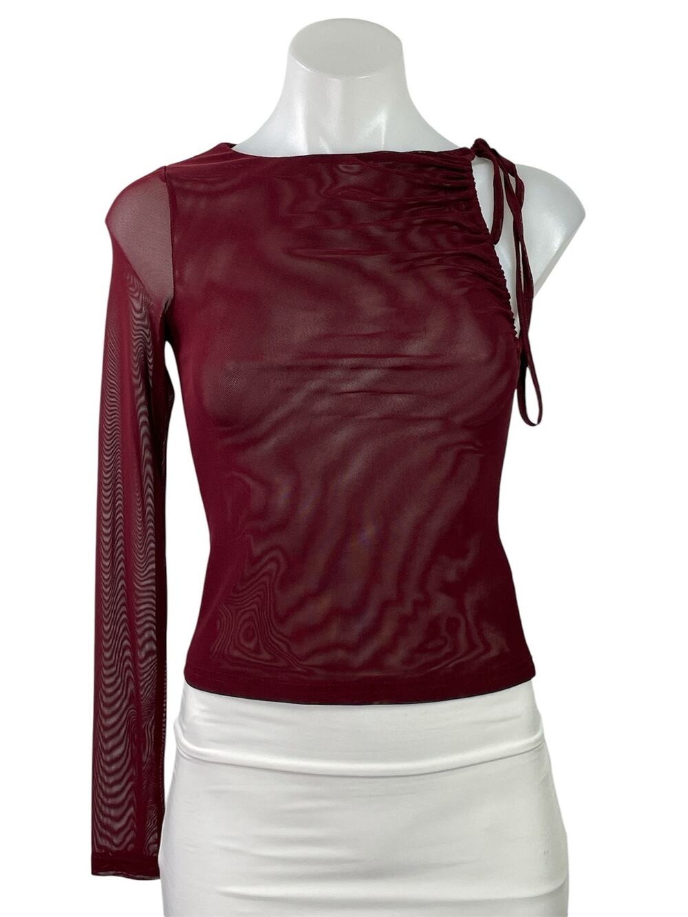 Edikted Jupiter Burgundy Red One Shoulder Long Sleeve Mesh Sheer Blouse Top Sz S